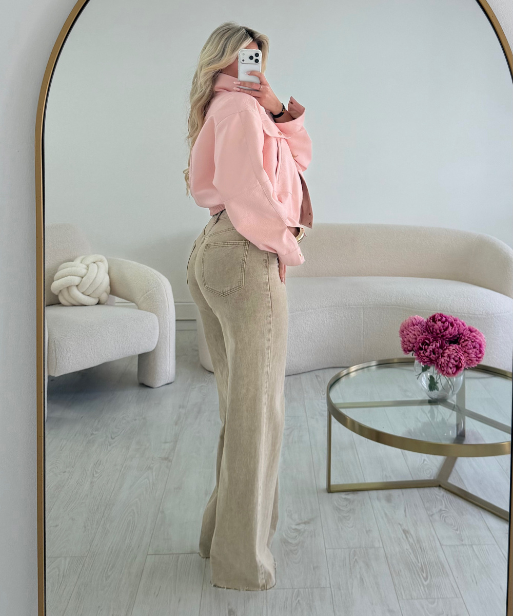 Short pastel pink faux leather bomber jacket with a stand-up collar