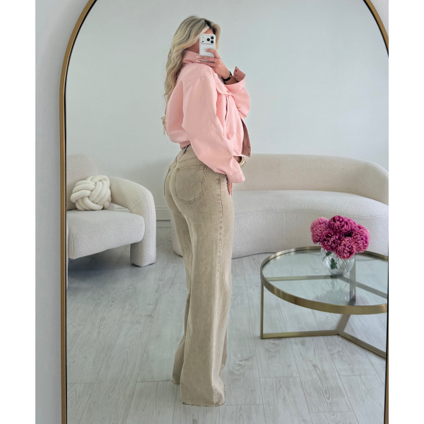 Short pastel pink faux leather bomber jacket with a stand-up collar - DRESS DESIREE