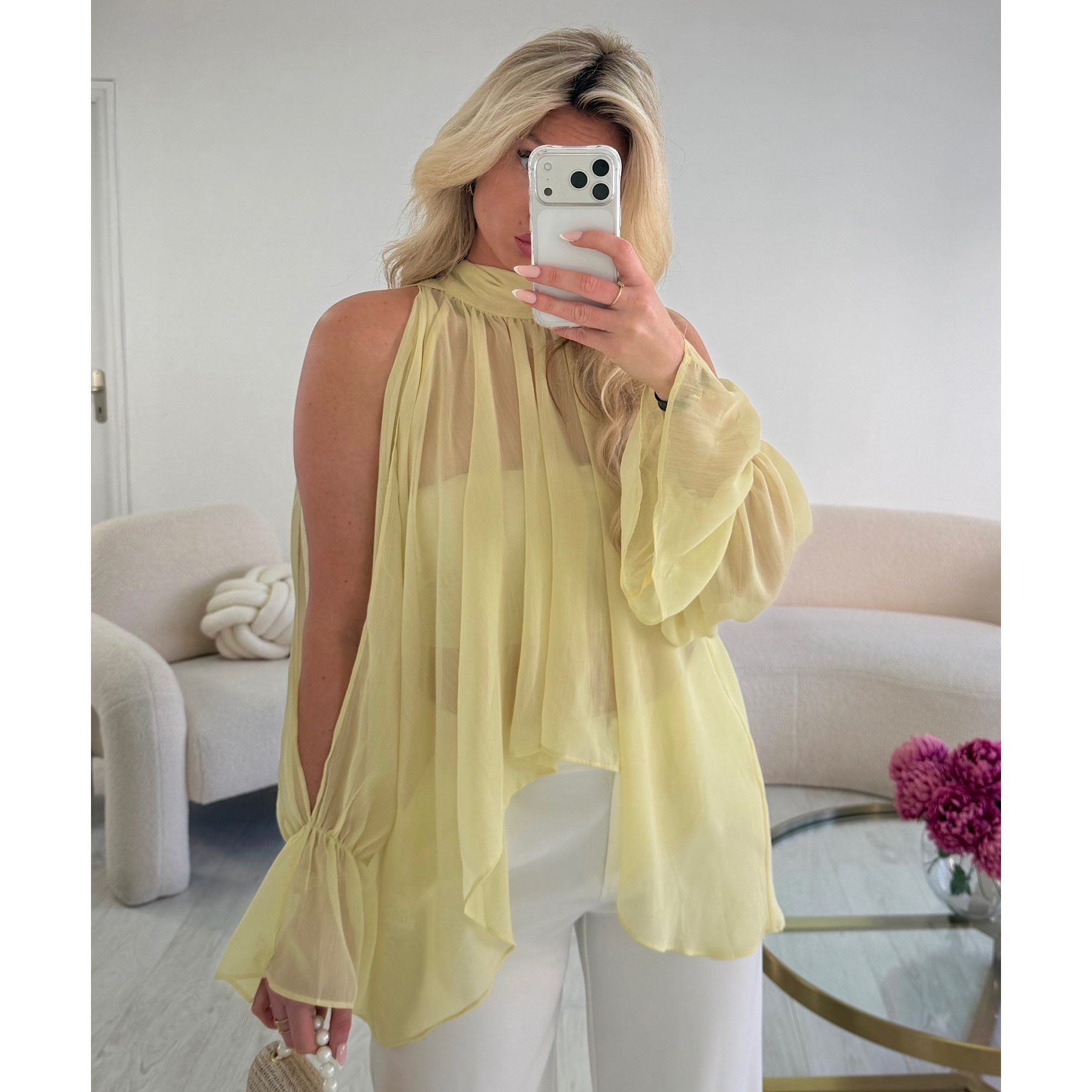 Yellow chiffon blouse with slits - DRESS DESIREE