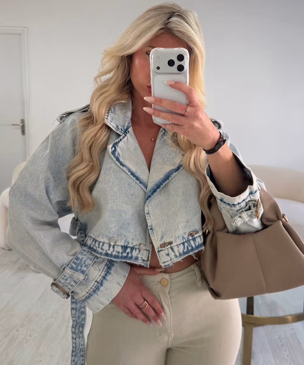 Short blue denim trench coat