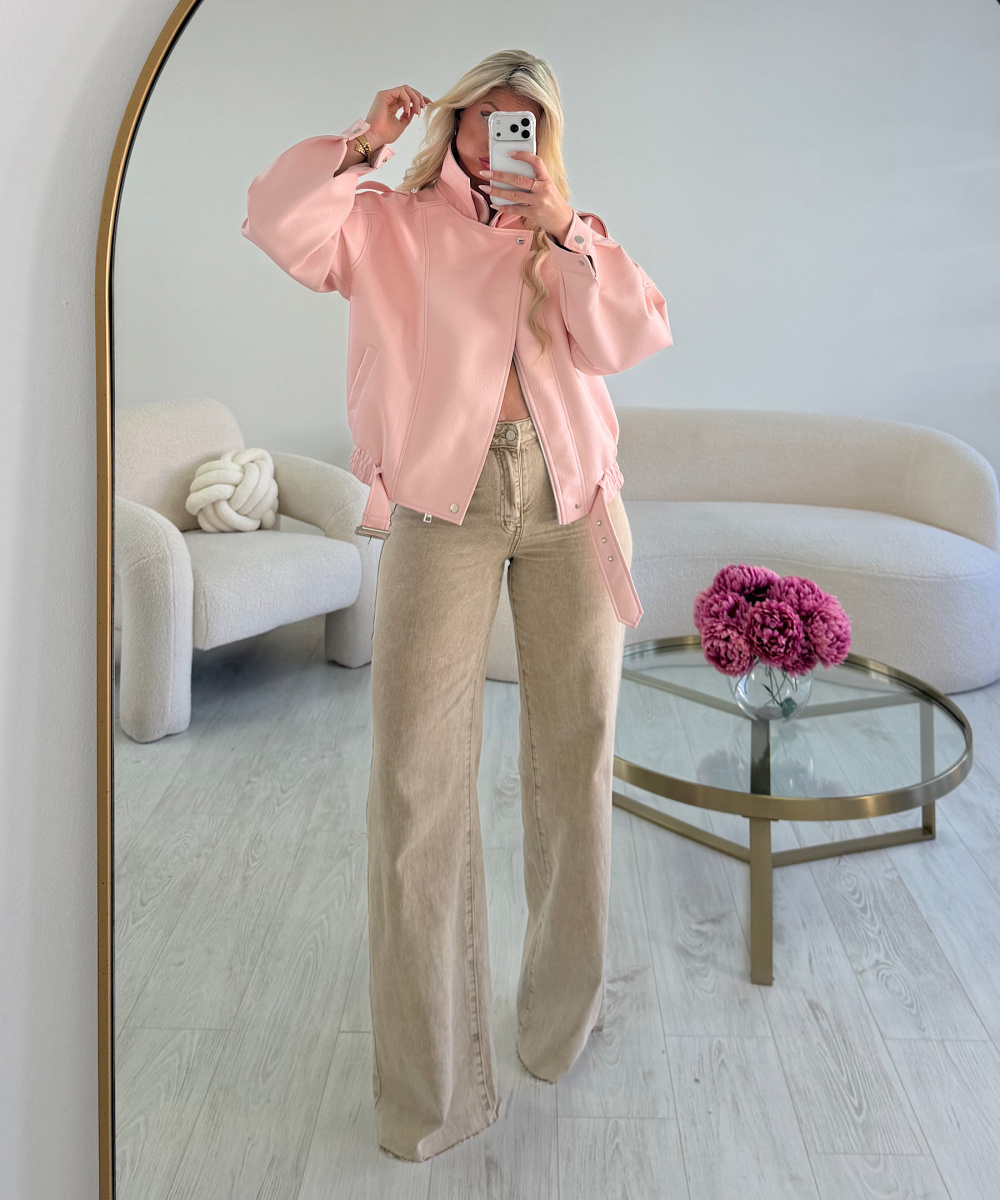 Pastel pink faux leather jacket with stand-up collar - DRESS DESIREE