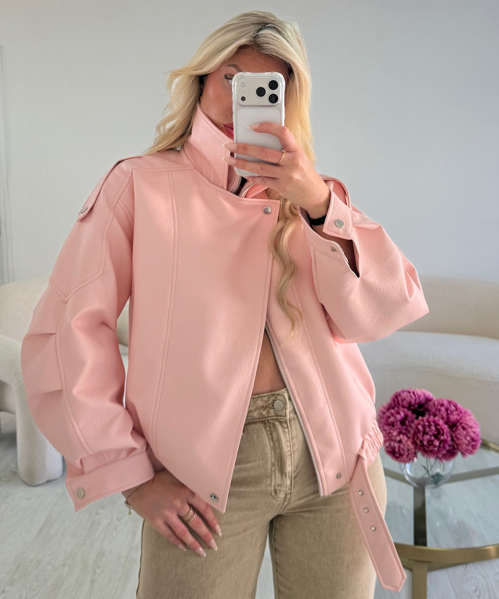 Pastel pink faux leather jacket with stand-up collar
