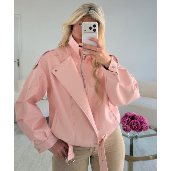 Pastel pink faux leather jacket with stand-up collar - DRESS DESIREE