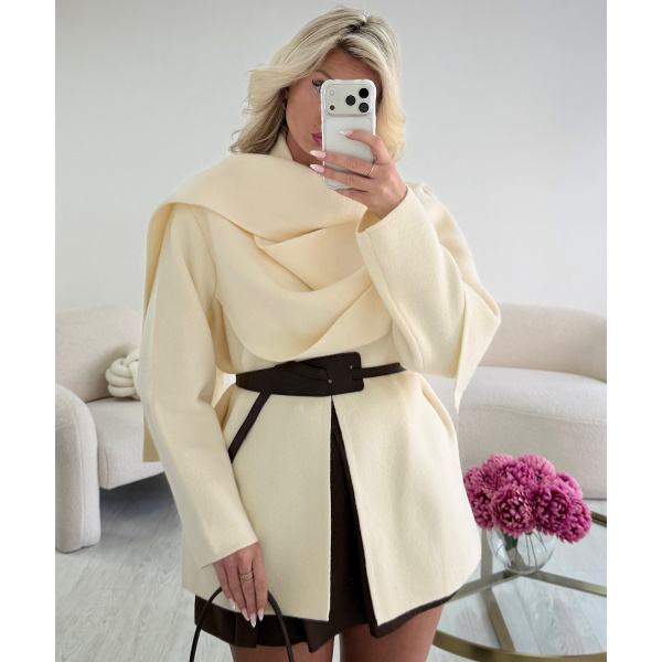 Thick creamy cape with chocolate brown belt - DRESS DESIREE