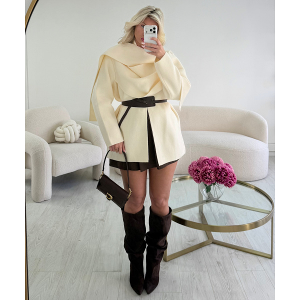 Thick creamy cape with chocolate brown belt - DRESS DESIREE