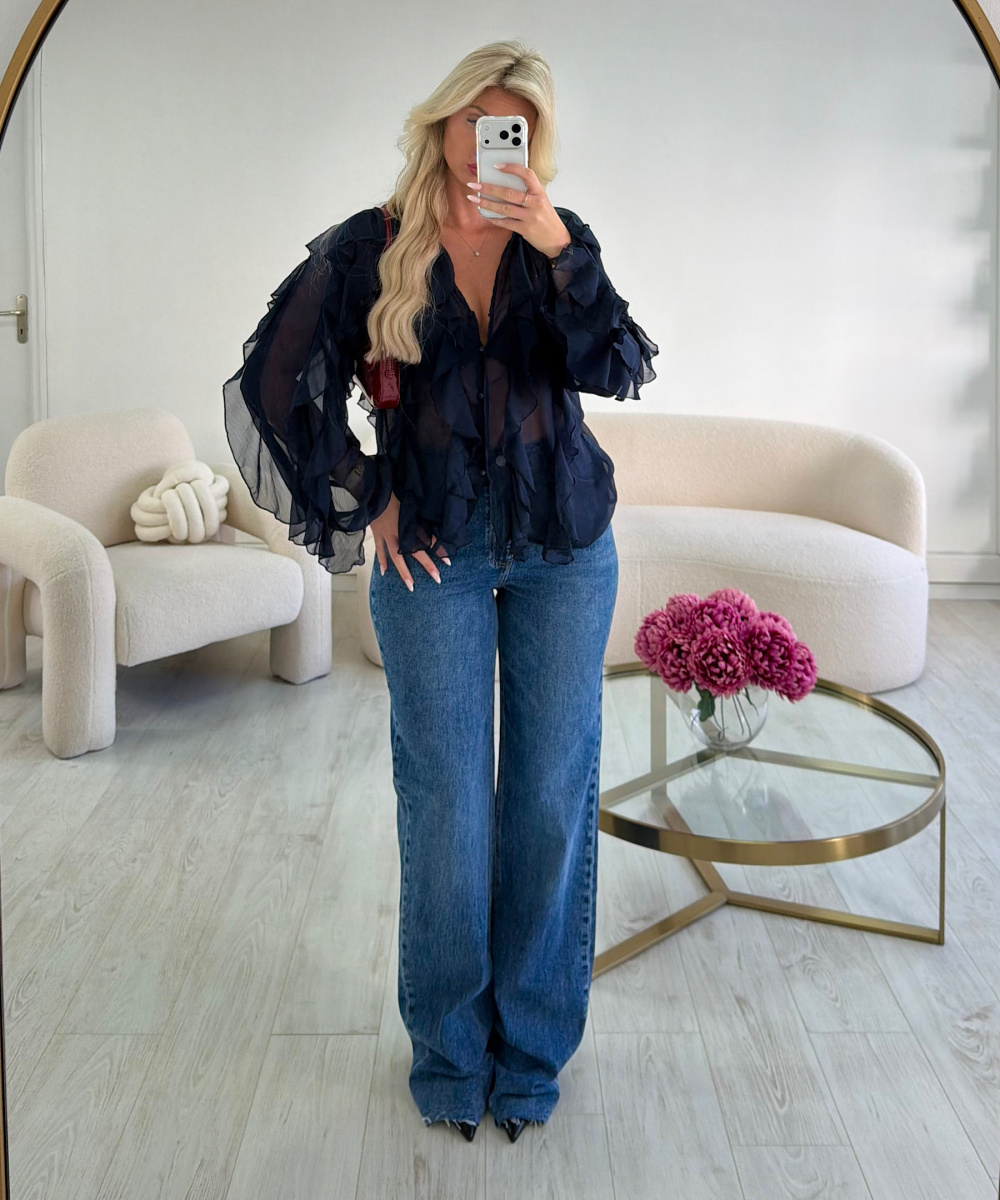 Navy blue ruffled chiffon shirt