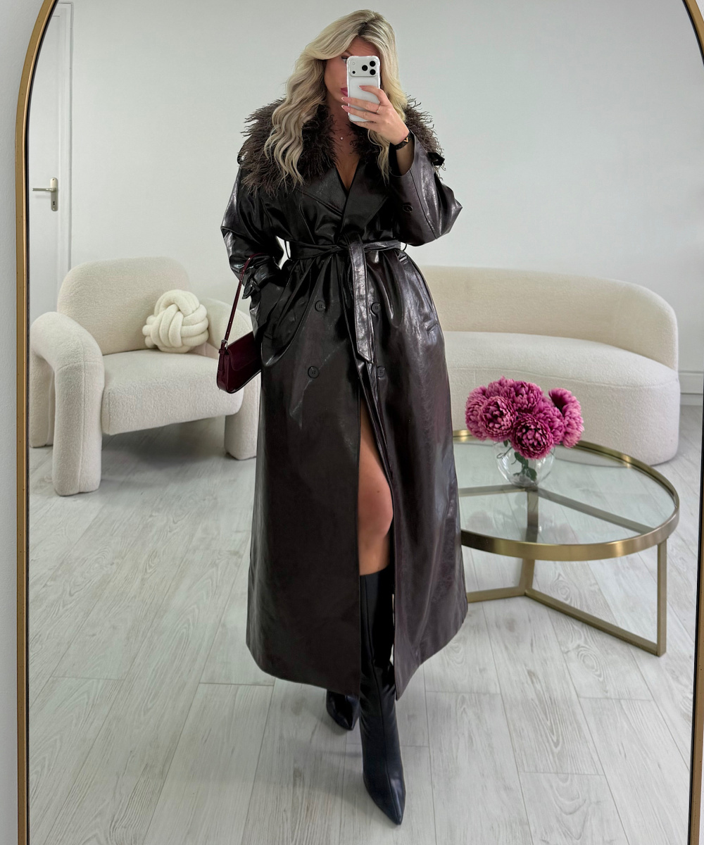 Premium chocolate-colored, fitted, glossy faux leather long trench coat