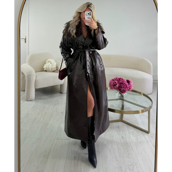 Trench long simili brillant cintré choco Premium DRESS DESIREE