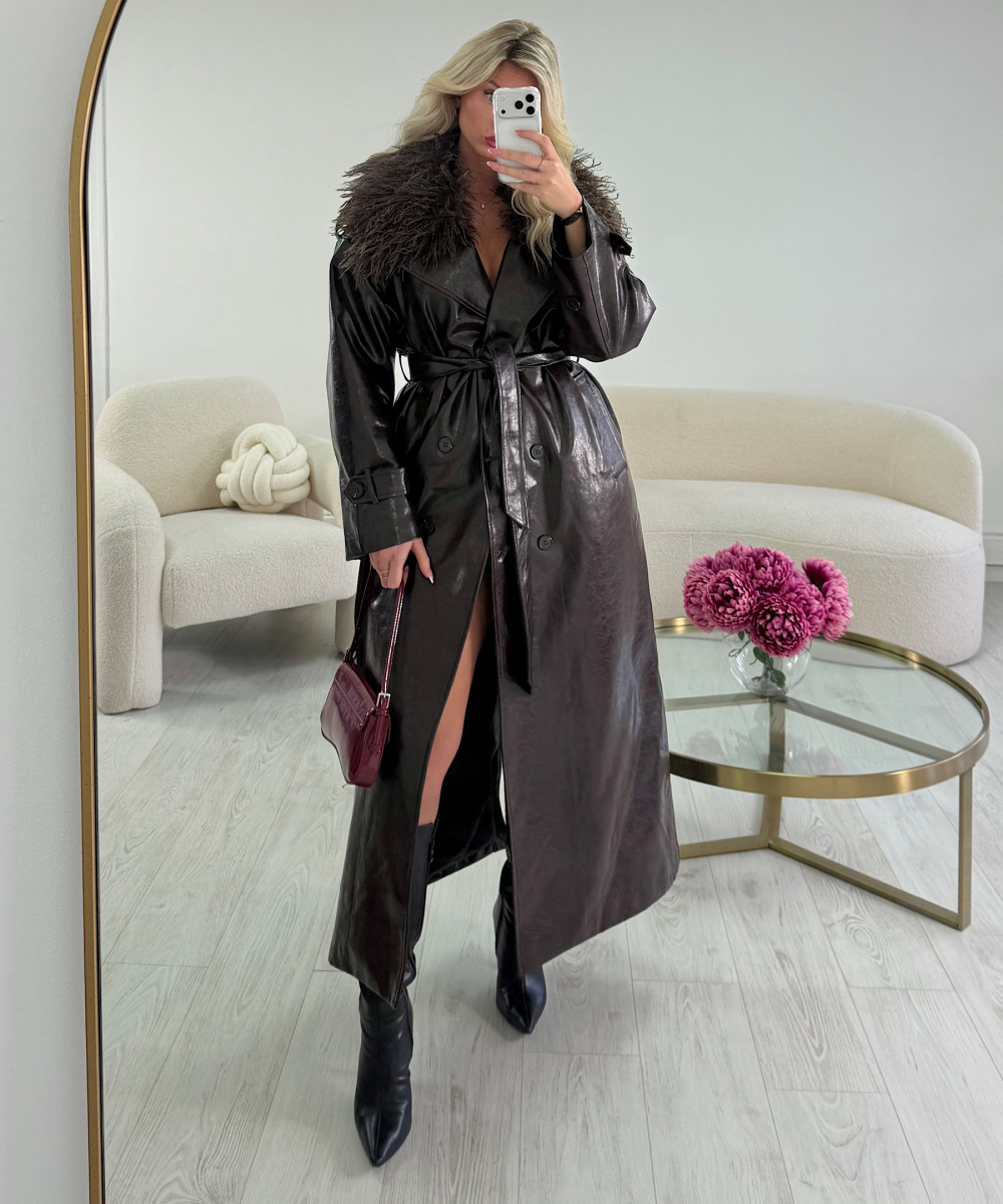 Premium chocolate-colored, fitted, glossy faux leather long trench coat