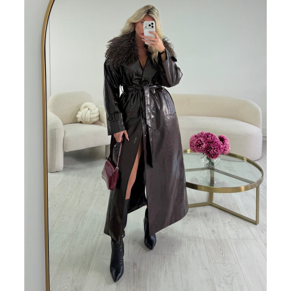 Premium chocolate-colored, fitted, glossy faux leather long trench coat