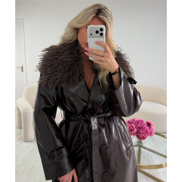 Trench long simili brillant cintré choco Premium DRESS DESIREE