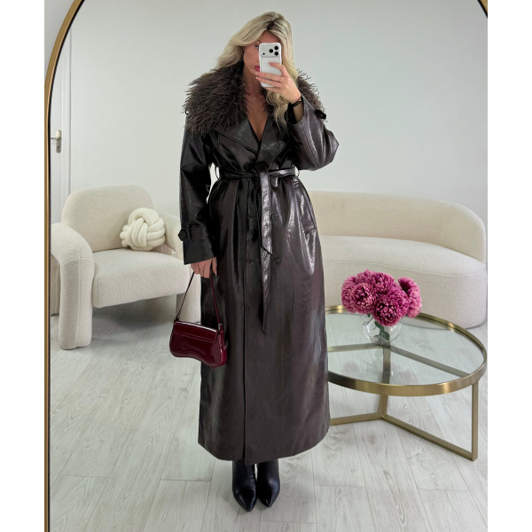 Premium chocolate-colored, fitted, glossy faux leather long trench coat