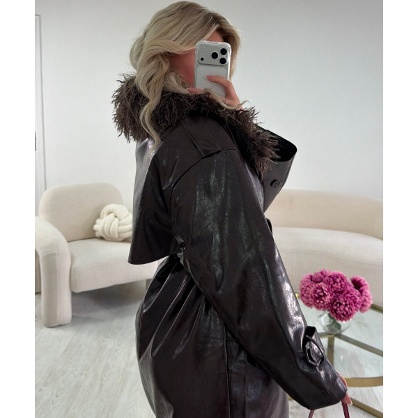 Trench long simili brillant cintré choco Premium DRESS DESIREE