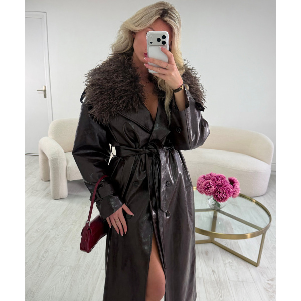 Trench long simili brillant cintré choco Premium DRESS DESIREE