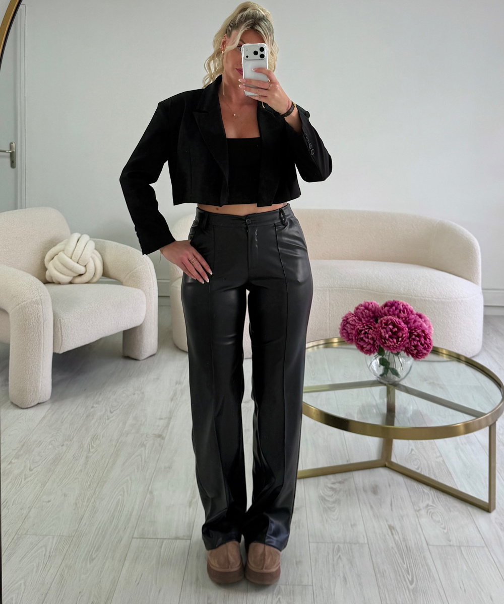 Standard black faux leather trousers with stitching
