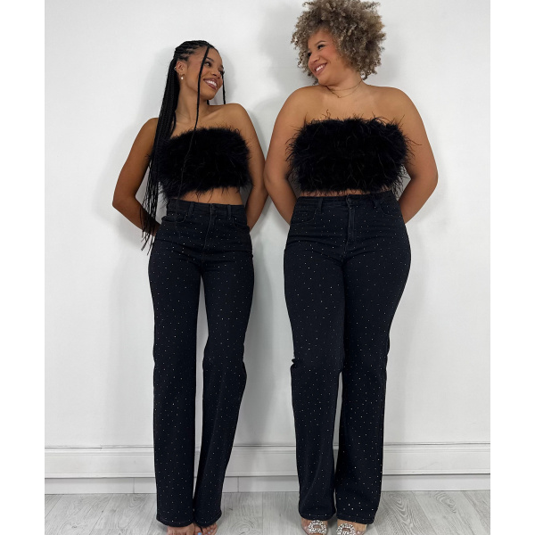 Extra long black stretch rhinestone jeans (creation)