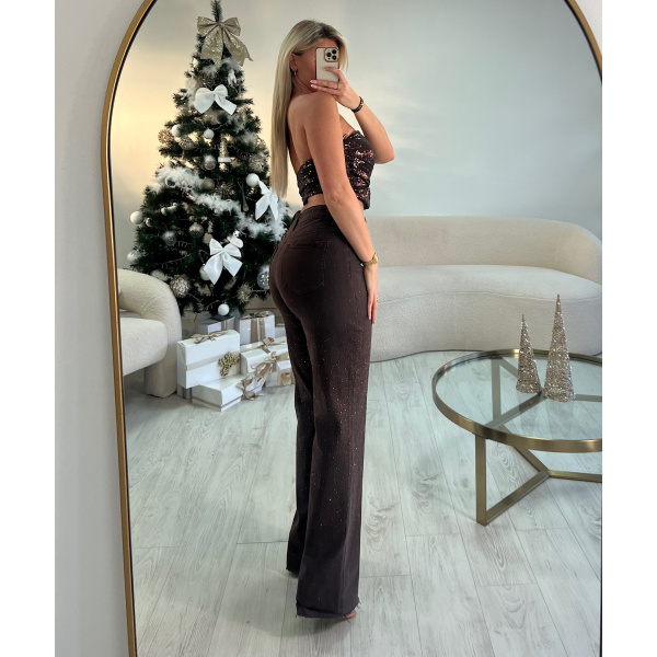 Extra long chocolate rhinestone jeans