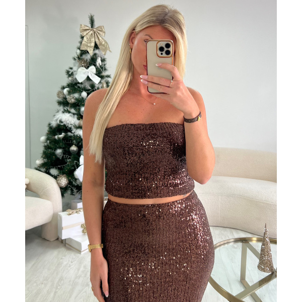Chocolate sequinned long skirt set - DRESS DESIREE