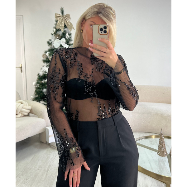 Top tulle gaufré paillettes noir -  DRESS DESIREE