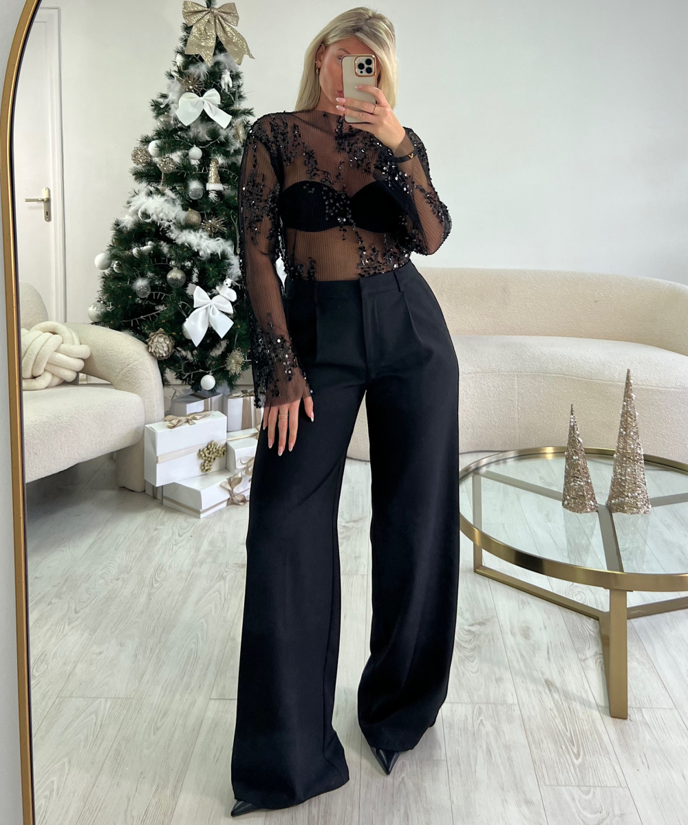Top tulle gaufré paillettes noir -  DRESS DESIREE