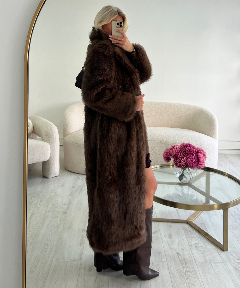 Premium fitted long chocolate fur coat