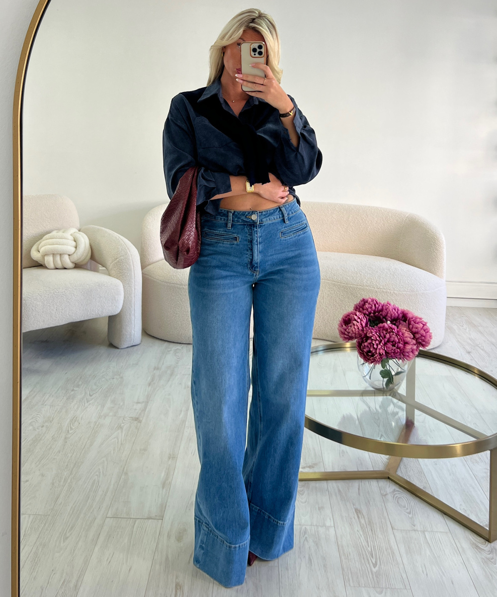 Extra long dark blue jeans with stitching - DRESS DESIREE