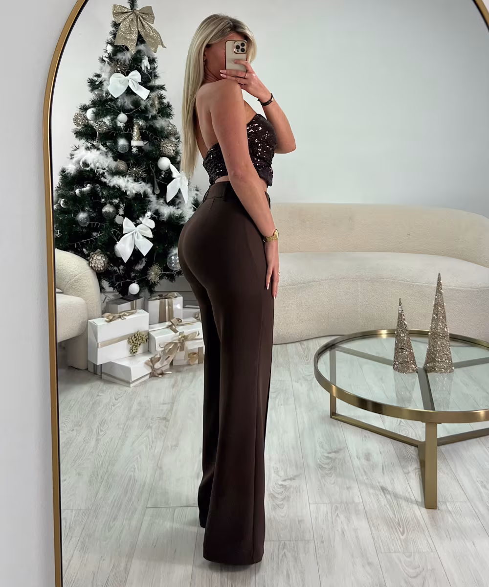 Pantalon couture tall taille haute choco