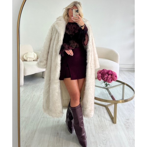Premium fitted long creamy fur coat - DRESS DESIREE