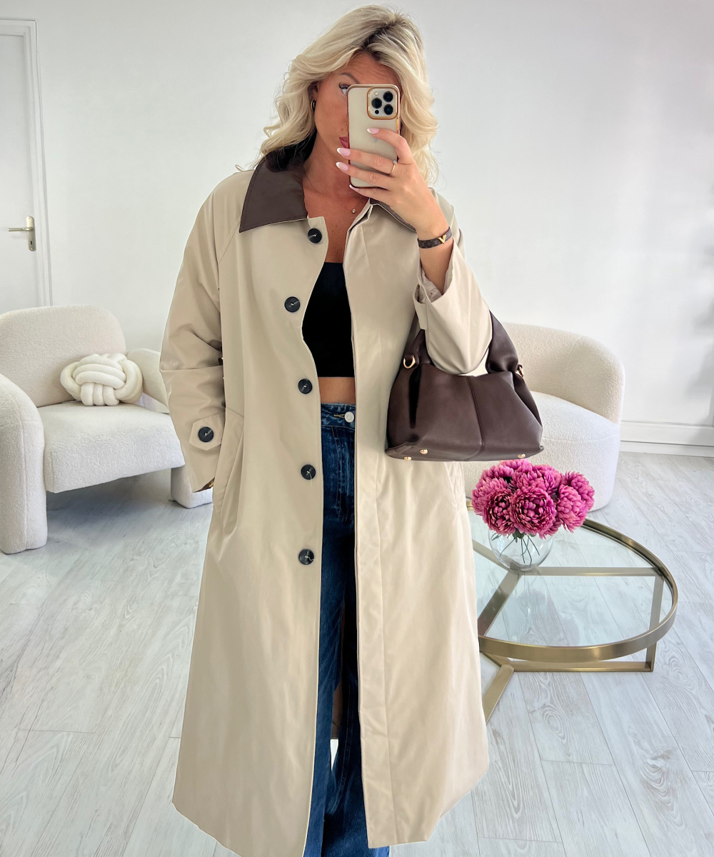 Long beige trench coat with chocolate brown collar