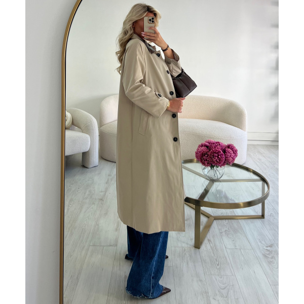 Long beige trench coat with chocolate brown collar - DRESS DESIREE