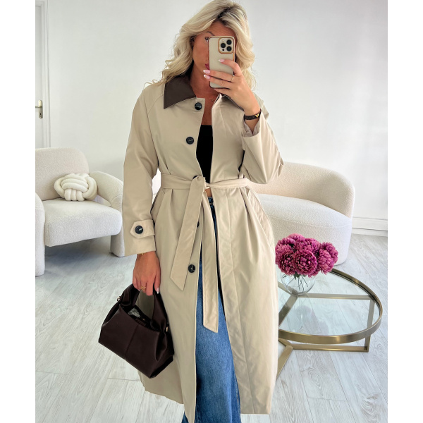 Long beige trench coat with chocolate brown collar - DRESS DESIREE