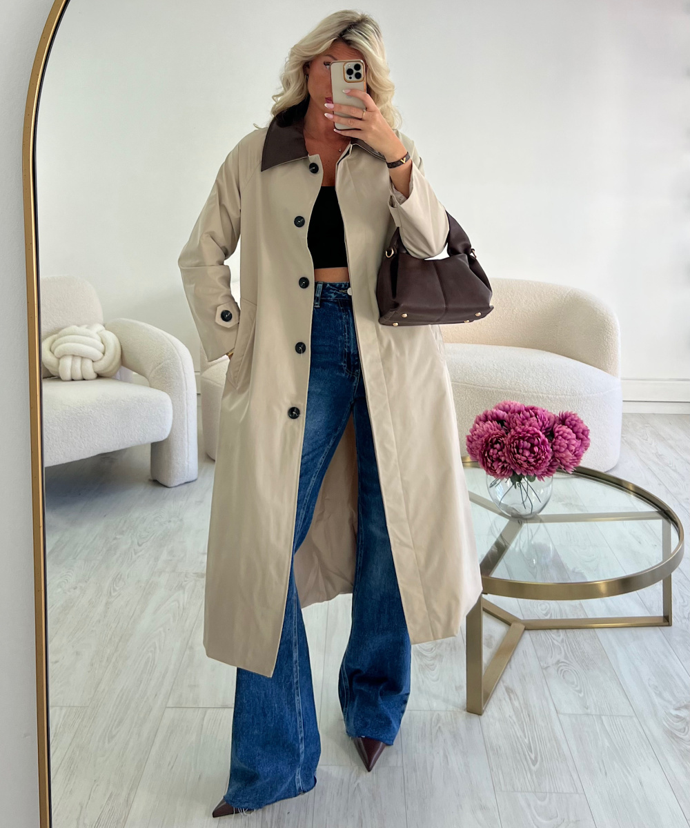 Long beige trench coat with chocolate brown collar - DRESS DESIREE
