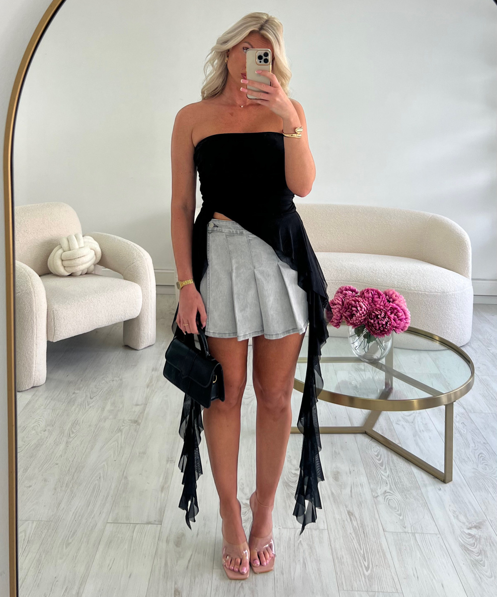 Grey pleated denim skirt shorts