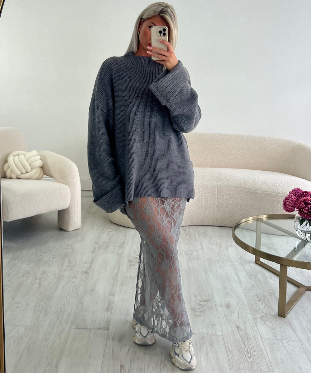 Robe longue dentelle grise