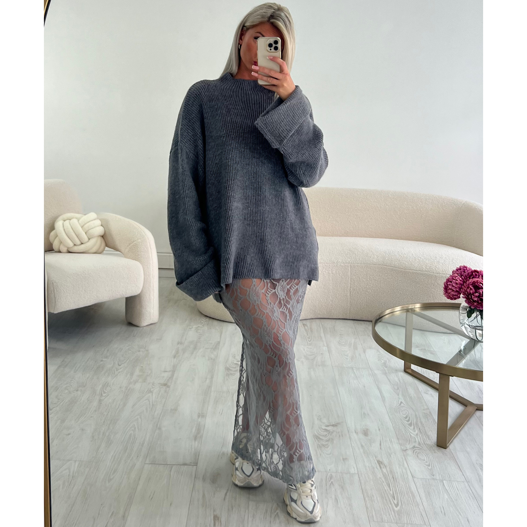 Robe longue dentelle grise