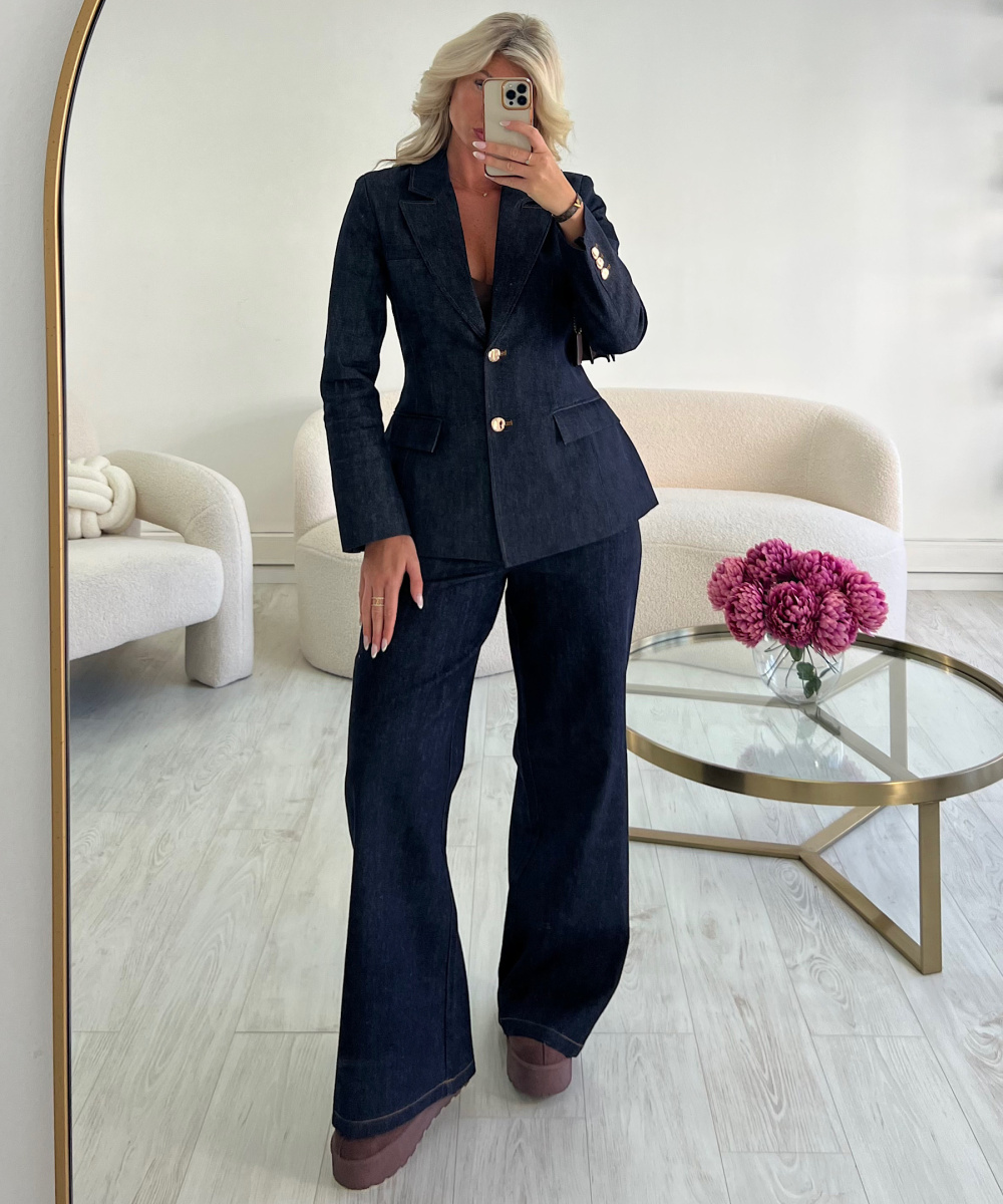 Raw denim fitted blazer with gold details