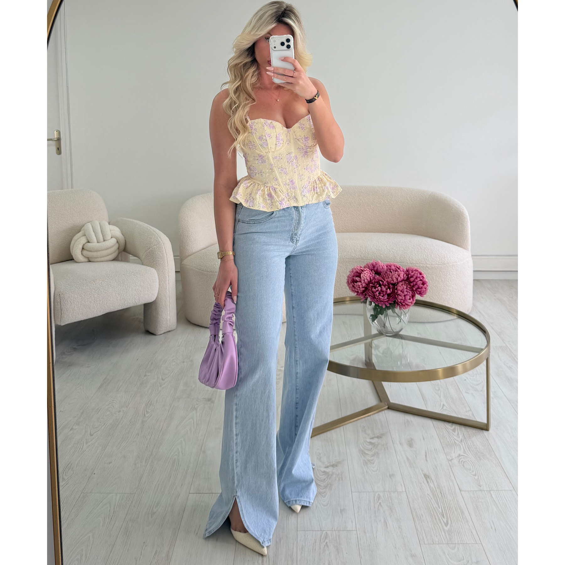 Extra-long blue split-leg jeans