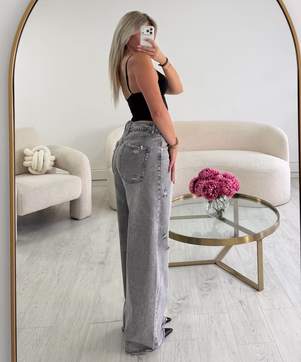 Jeans tall barrel retroussé troué gris