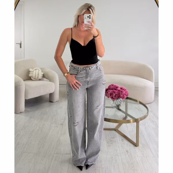 Jeans barrel retroussé troué gris - DRESS DESIREE