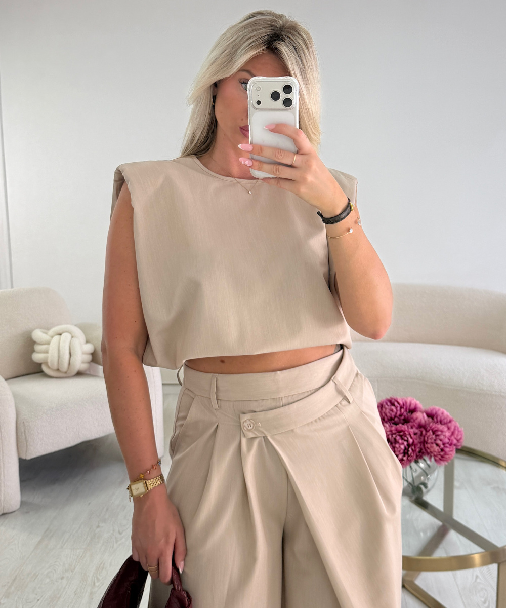 Beige double-breasted trouser suit