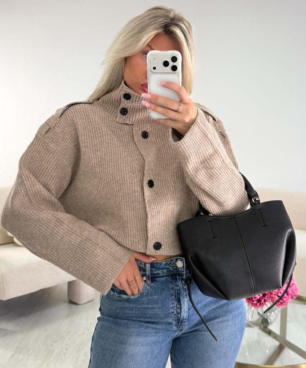 Taupe high-neck cardigan