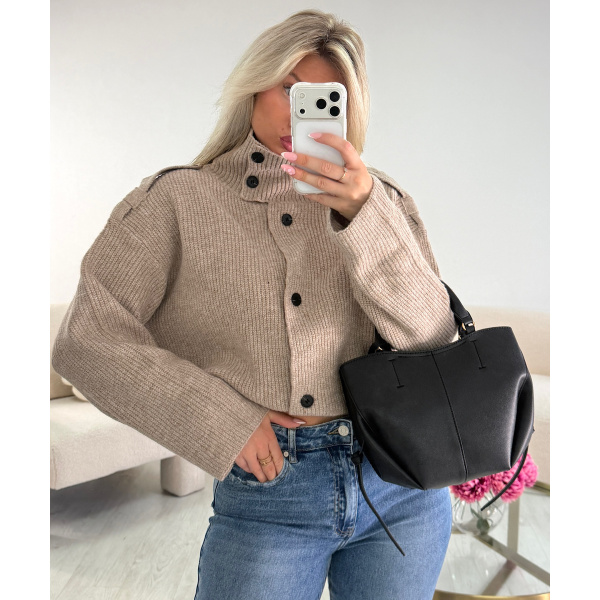 Taupe high-neck cardigan - DRESS DESIREE