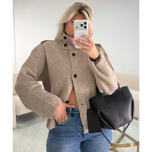 Taupe high-neck cardigan - DRESS DESIREE