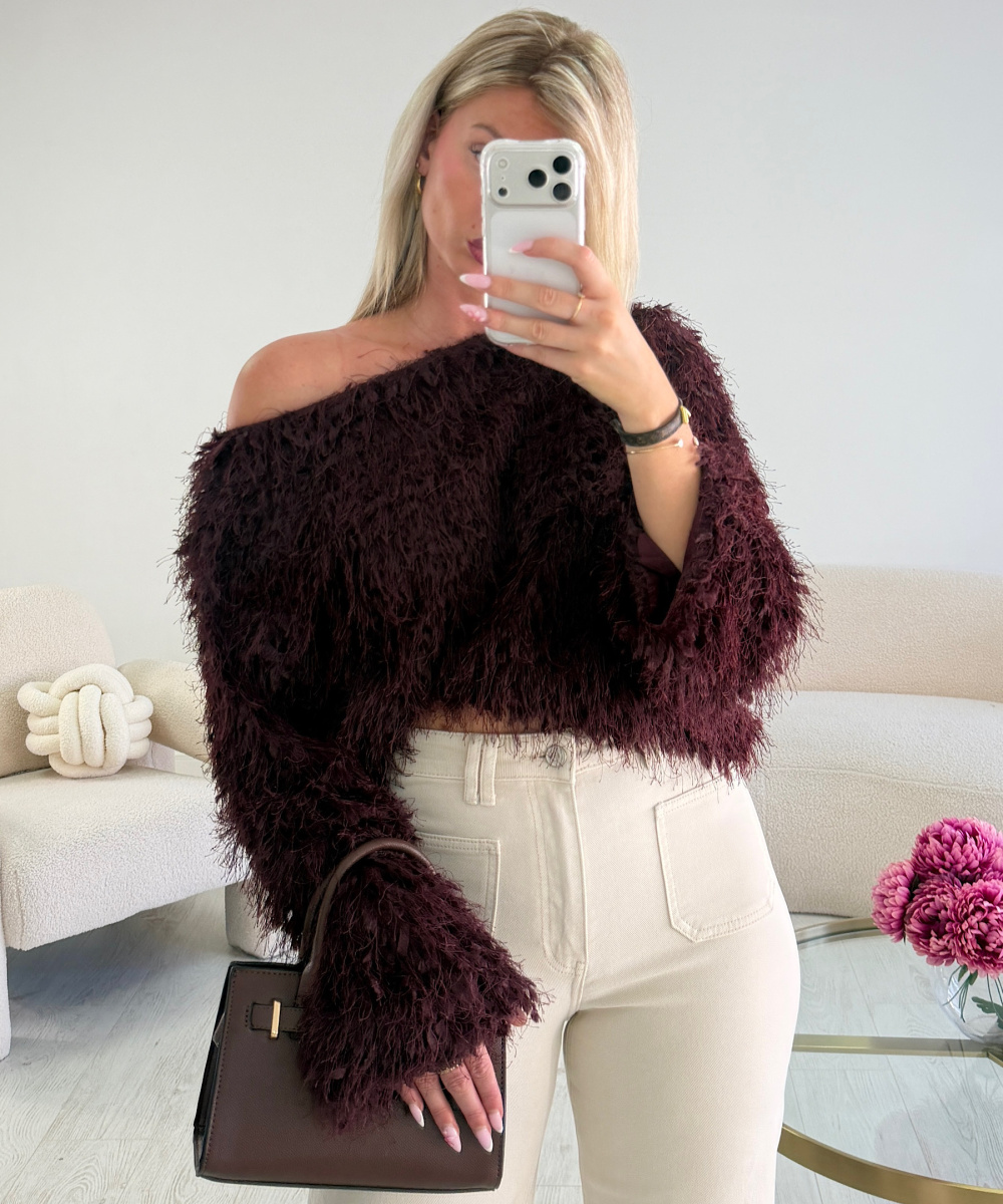 Burgandy asymmetric feather top