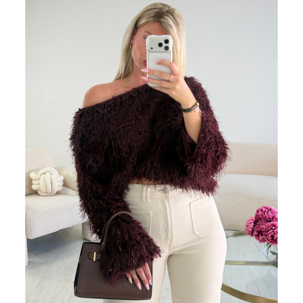 Burgandy asymmetric feather top