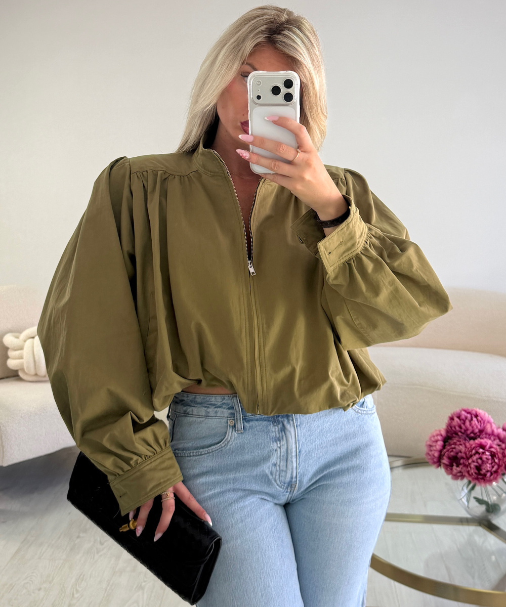 Khaki bomber jacket with shoulder pads
