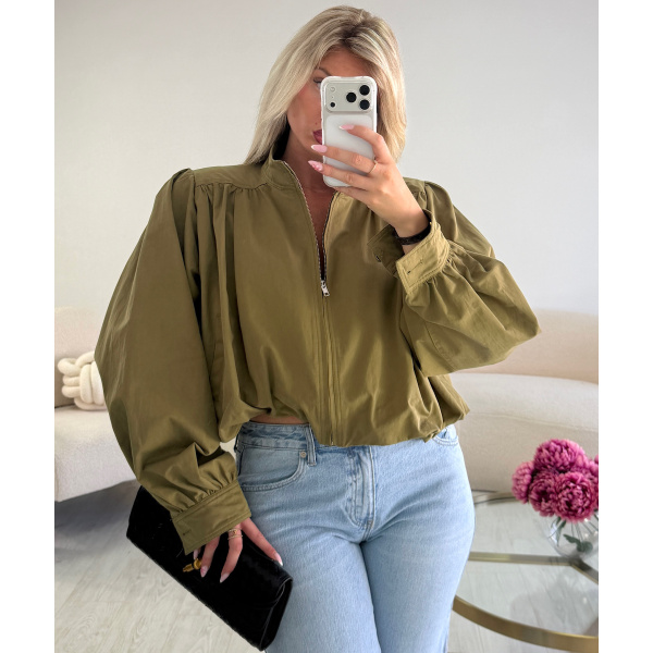 Khaki bomber jacket with shoulder pads