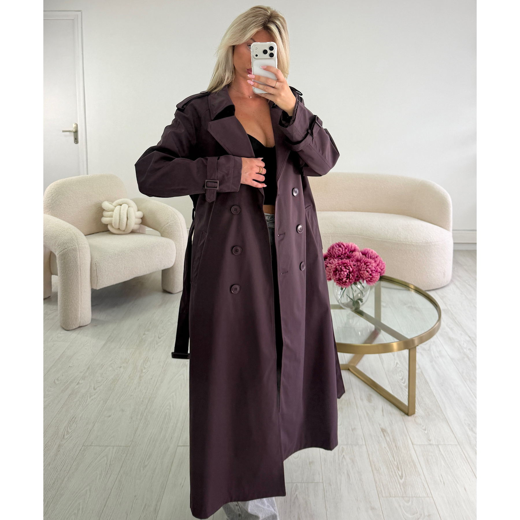 Long plum trench coat
