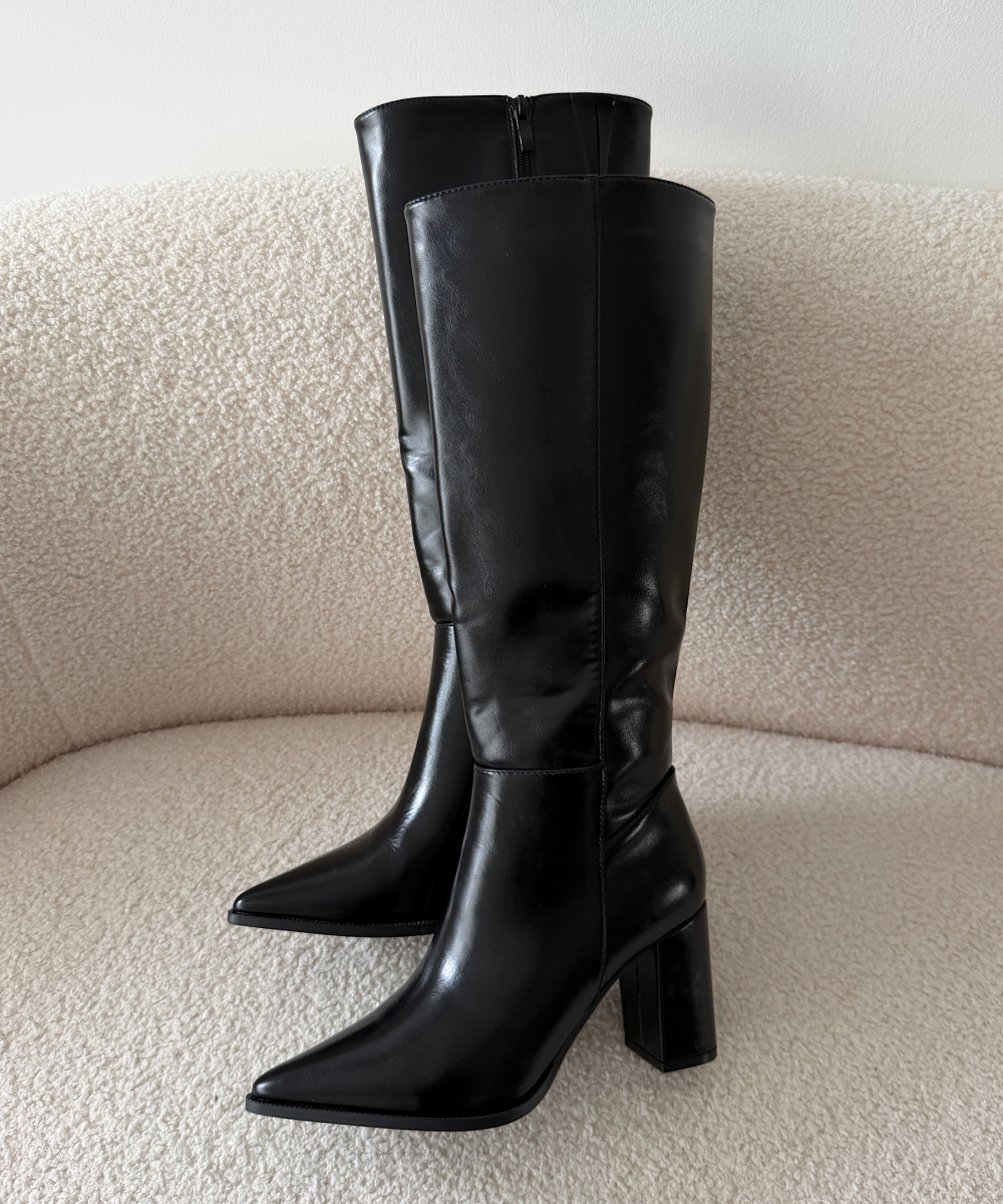 Classy black faux leather heeled boots