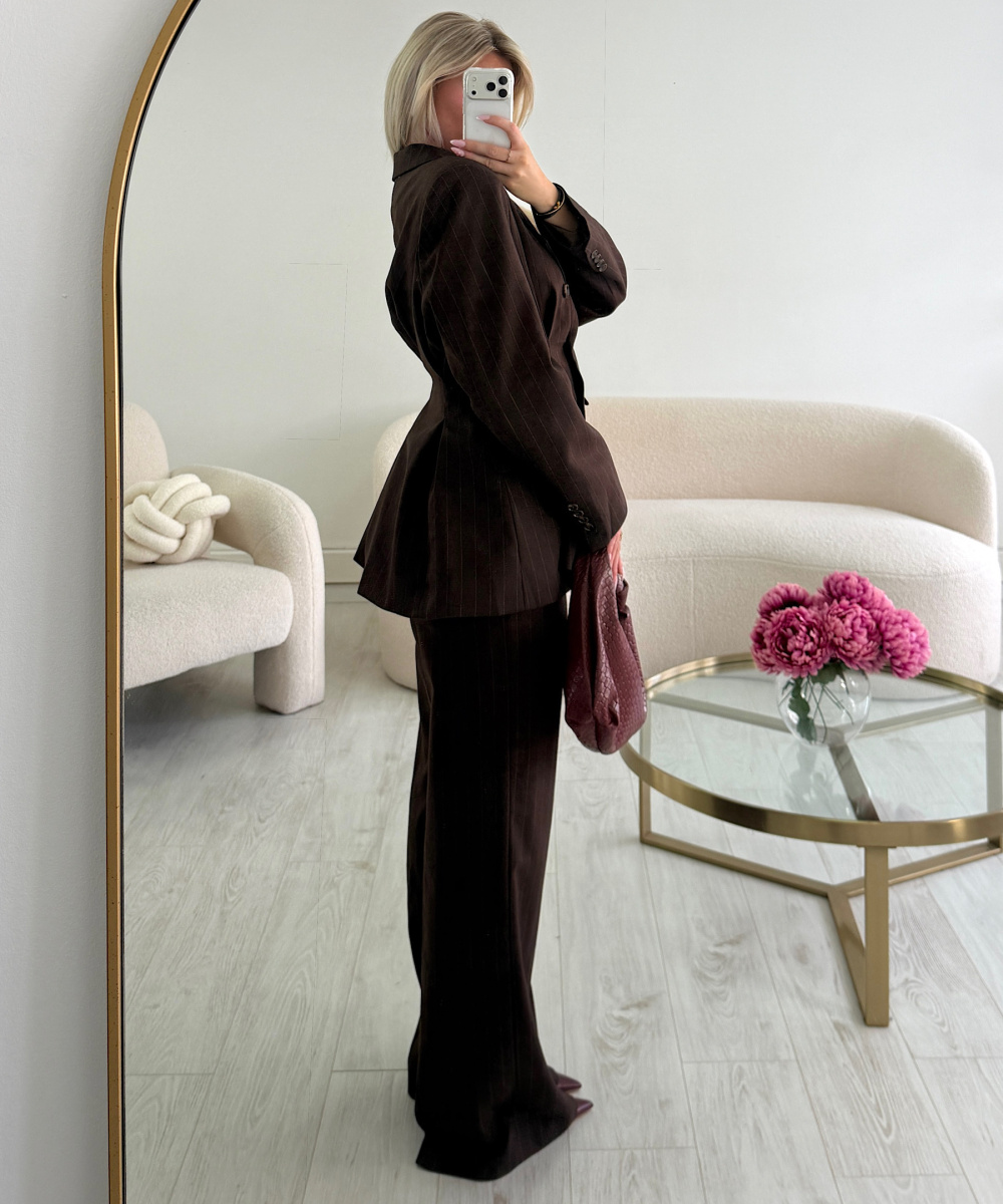 Brown striped tall trousers